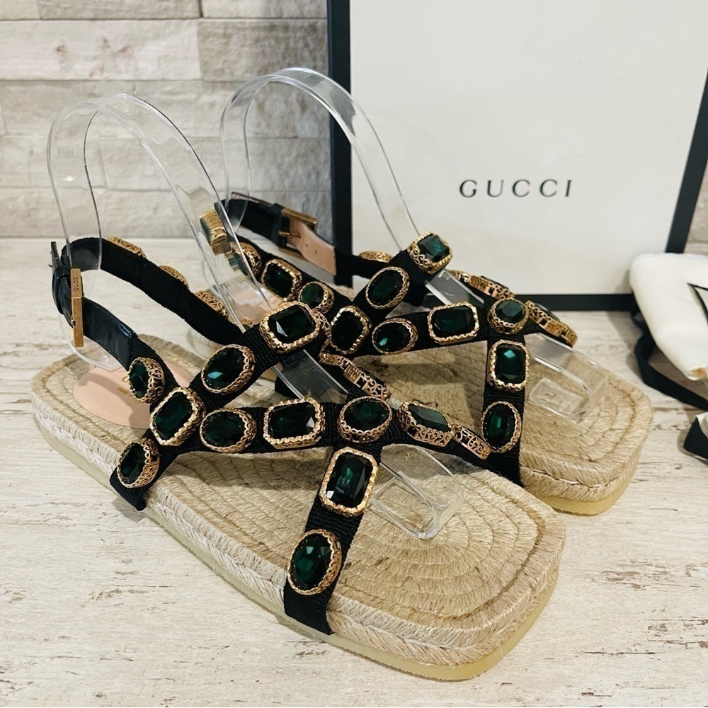 Gucci NEW SZ 36.5 Grosgrain Green Jewel Embellished Espadrille Flat Sandals
